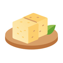 Isometric cheese cubes with basil leaf on wooden plate
