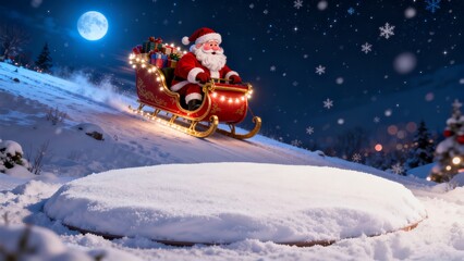 Jolly Santa Claus in his festive sleigh, laden with presents, glides through a magical snowy winter wonderland under a radiant full moon and falling snowflakes.