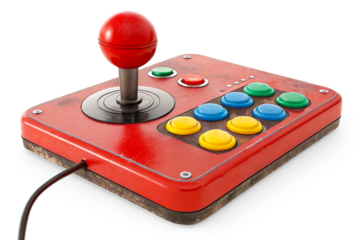 Vintage Arcade Game Controller with Colorful Buttons: A Multilayer Design Showcasing an Innovative Button Layout for Enhanced Gaming Hardware Experience On Transparent Background.