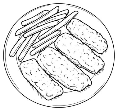 Hand-drawn illustration of fish sticks and french fries on a plate