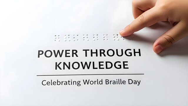 Hand reading braille text celebrating world braille day power through knowledge text