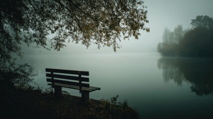 A bench is sitting by a lake on a foggy day. The water is calm and the sky is overcast. The scene is peaceful and serene, with the bench providing a place to sit and enjoy the view