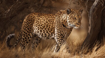 A leopard is walking through a field of tall grass. The leopard is looking at the camera, and the scene is peaceful and serene