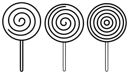 Three Swirl Lollipops on Sticks, Black and White Outline Design
