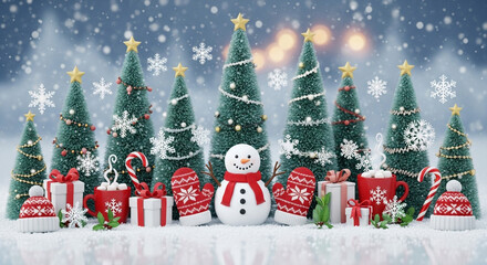 Celebrate Christmas with festive trees, snowman, gifts, hot cocoa and mittens in a magical snowy scene for joyful holiday greetings and memories