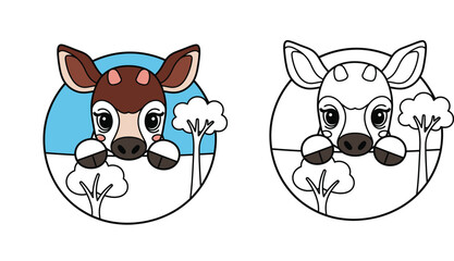 Cute cartoon okapi or deer peeking from a circle. Vector illustration of a funny animal head with winter trees and snow isolated on white background.