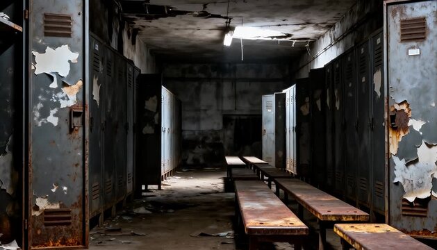Creepy abandoned locker room exploration, decaying metal lockers and benches, eerie atmosphere, decay.