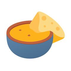 Cartoon image of nacho chip in dip bowl