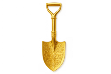 Golden shovel symbolizing groundbreaking ceremony, success, wealth, investment, luxury, and exclusive new beginnings