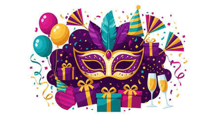 Vibrant Mardi Gras celebration with mask, balloons, gifts, and champagne for festive designs, perfect for party invitations and event promotions