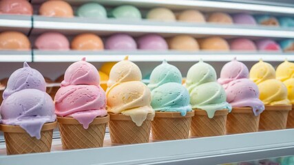 Video A stack of colorful ice cream cones on a store shelf, ideal for food or dessert scenes
