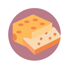 Isometric cheese block with holes inside a pink circle