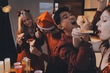 Festive Office Christmas Party with Delicious Food. A beautifully decorated office space with Christmas trees and festive lights, set up for a holiday party.