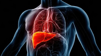 Illustration Showing Human Body With Liver Highlighted in Red and Surrounding Organs Visible in Detail