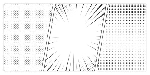 Halftone comic manga book template set. Screentone page for superhero story. Collage grid manga with pop art dots effect. Panel layout or mockup. Action scene. Cartoon design. Vector illustration © accogliente