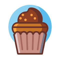 Stylized cupcake illustration with chocolate frosting against blue circle