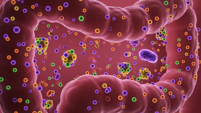 Human colon illustration with microbiome and microorganisms inside