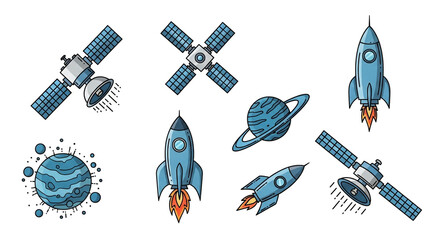 Embark on cosmic adventures with this collection of fun space elements featuring rockets, satellites, and planets for your next creative project