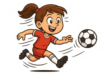 Cartoon girl playing soccer, running and kicking a football, engaging in sports activity, transparent background