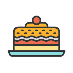 Stylized cake graphic with cherry on white background.