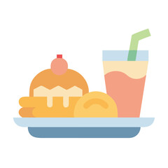 Pancakes with cherry and refreshing drink, flat design