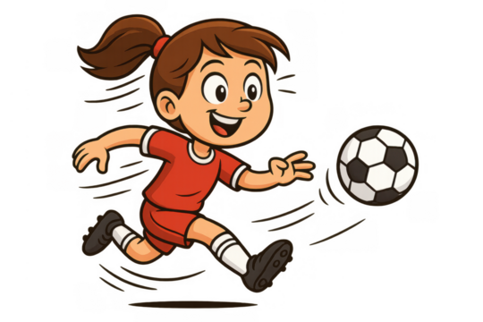 Cartoon girl playing soccer, running and kicking a football, engaging in sports activity, transparent background - Powered by Adobe