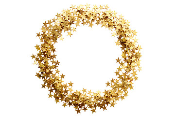Obraz premium Golden Shiny Stars Wreath Circle Frame Border, isolated on a transparent background.