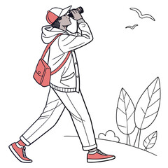 A person with binoculars walking in nature observing birds and foliage