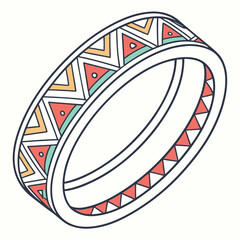 An isometric illustration of a patterned ring with geometric tribal designs