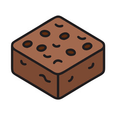 Isometric chocolate chip brownie square, brown and black outline