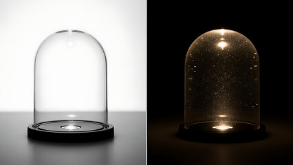 Clear glass dome display case shown lit and unlit