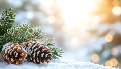 Snowy scene with pine cones and evergreen branches in the foreground, bokeh lights in the background, conveying a merry christmas mood with warm tones.