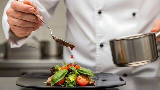 Chef garnishing a salad with sauce from a spoon in a professional kitchen Keywords: chef, cooking - Powered by Adobe