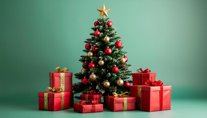A Christmas tree decorated with red and gold ornaments and topped with a star surrounded by wrapped presents on a green background, conveying a merry Christmas mood with warm tones.
