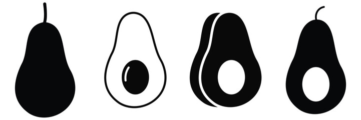 Minimal Avocado Cut Icon Set – Flat Line Art Fruit Illustration in Black on White Background