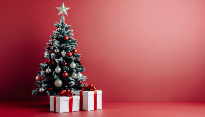A decorated Christmas tree with presents in front of it stands against a red background, conveying a merry Christmas mood with a shallow focus and warm lighting.