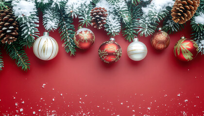 Merry Christmas background with snow-covered pine branches, ornaments, and pinecones on a red surface with scattered snowflakes.