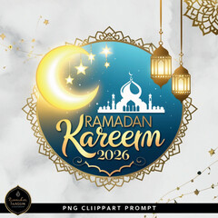 Ramadan Kareem 2026 Golden Crescent & Mosque Illustration