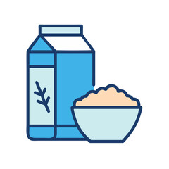 Milk carton and cereal bowl flat vector illustration