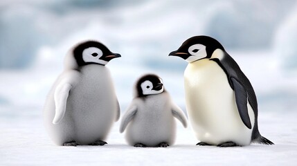 Obraz premium Emperor penguins nurture their chick on a serene ice landscape in a timeless black and white moment