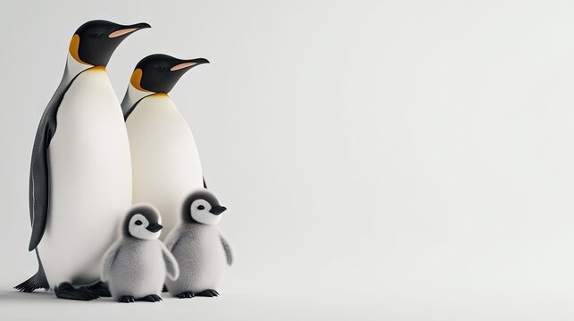 Emperor penguins nurture their chick on a serene ice landscape in a timeless black and white moment - Powered by Adobe
