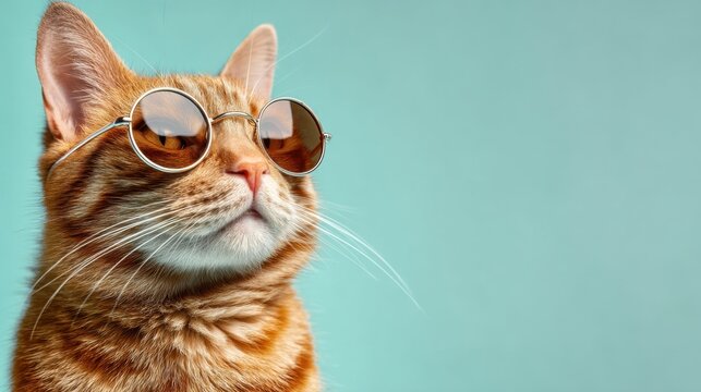 A cat wearing sunglasses is looking at the camera. The cat is wearing a pair of sunglasses that are shaped like a circle