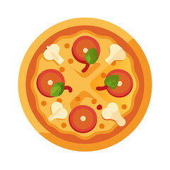 Flat Style Pizza Illustration with Pepperoni Mushrooms and Basil
