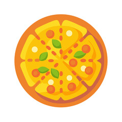 Flat vector illustration of pizza with tomatoes and basil