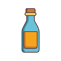 A cartoon blue bottle with label against black backdrop