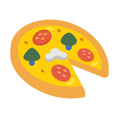 Cartoon pizza with slice missing on solid color background