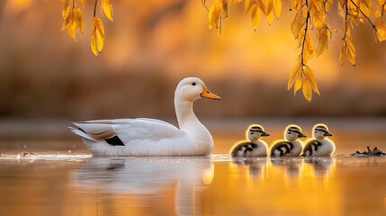 A serene moment by the lake with a white duck and her adorable ducklings under golden willow leaves