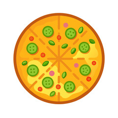 Flat style pizza with cucumber toppings on white background