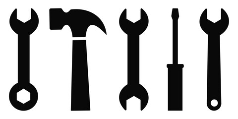 Crossed Hammer and Wrench Silhouette Set – Essential Repair and Construction Tools Black 
Vector Icons