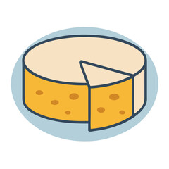 Isometric cheese wheel with slice removed on solid background